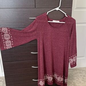 Easel Burgundy Long Sleeve Dress with White Patterns